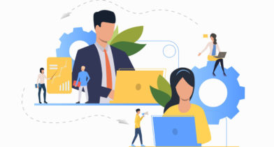 Remote Work Communication flat icon. Department leaders, laptop, presentation, gear. Teamwork concept. Can be used for topics like leadership, unit, business, analysis